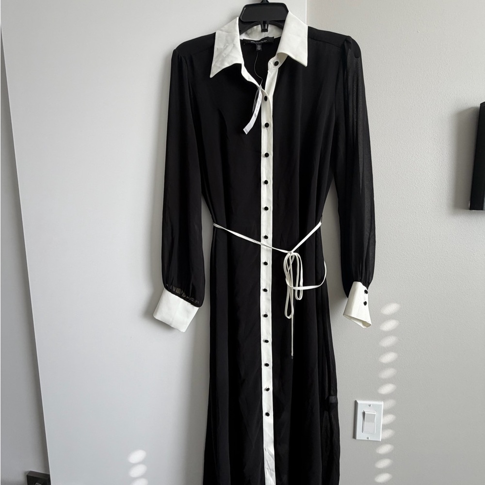 White House Black Market Black Midi Shirt Dress with White Trim